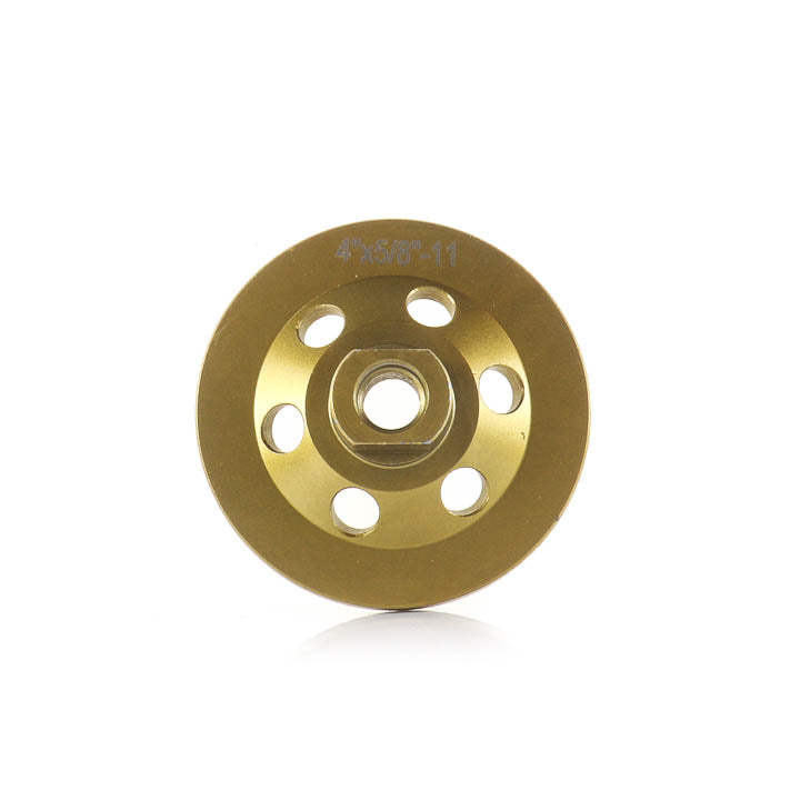 4-inch 5-segment PCD cup wheel showing the back and 5/8-11 threaded arbor details