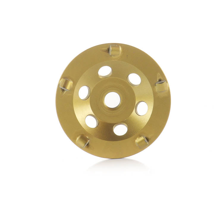 4-inch 5-segment PCD cup wheel showing the front face and polycrystalline diamond segments