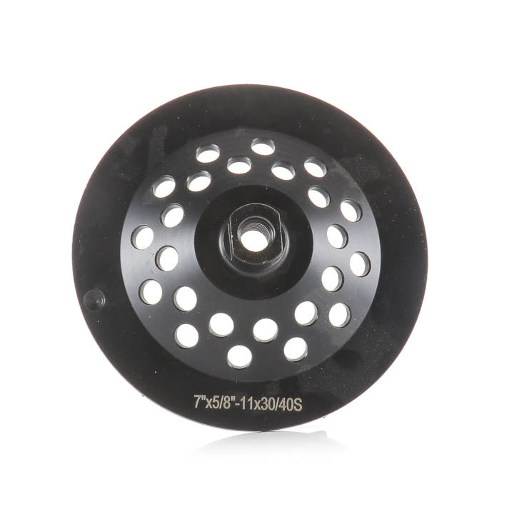 7-inch 12-small-arrow-segment soft bond diamond grinding cup wheel showing the back and arbor details