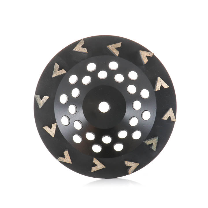 7-inch 12-small-arrow-segment soft bond diamond grinding cup wheel showing the front face and arrow segments