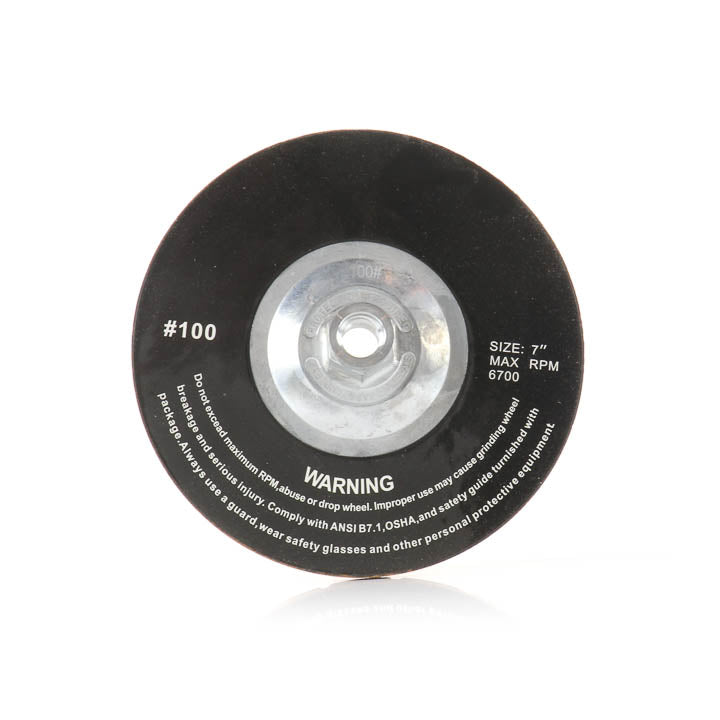 7-inch ceramic 100-grit grinding cup wheel showing the back, arbor, and safety label details