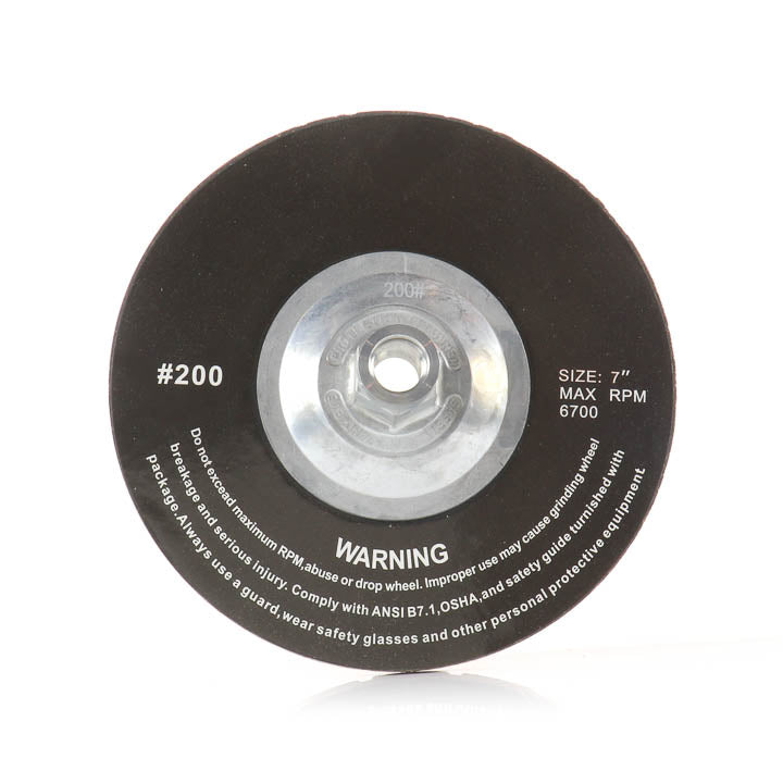 7-inch ceramic 200-grit grinding cup wheel showing the back, arbor, and safety label details