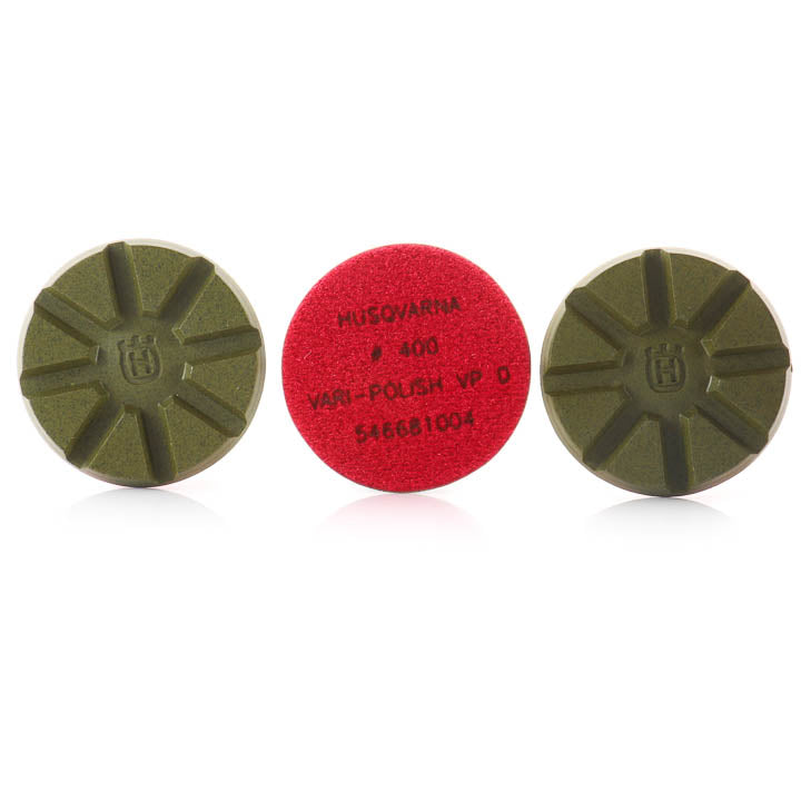 Husqvarna Vari-Polish VP D 400 Grit 3-inch resin diamond polishing puck showing the abrasive face and pattern
