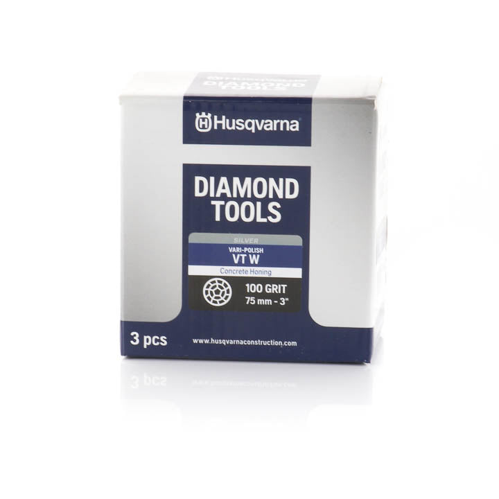Husqvarna Vari-Polish VP W 100 Grit silver diamond polishing puck retail box and packaging