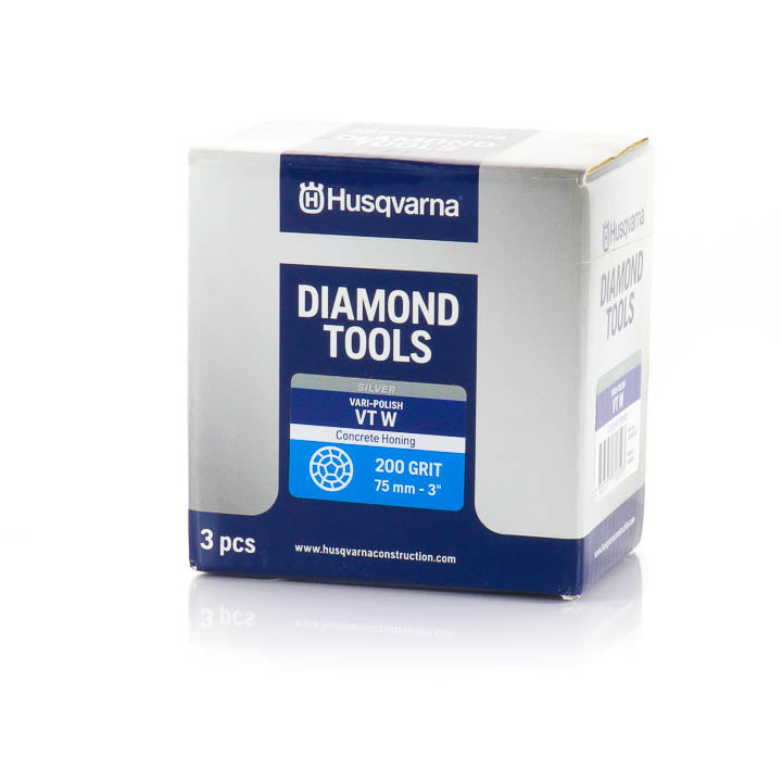 Husqvarna Vari-Polish VP W 200 Grit silver diamond polishing puck retail box and packaging