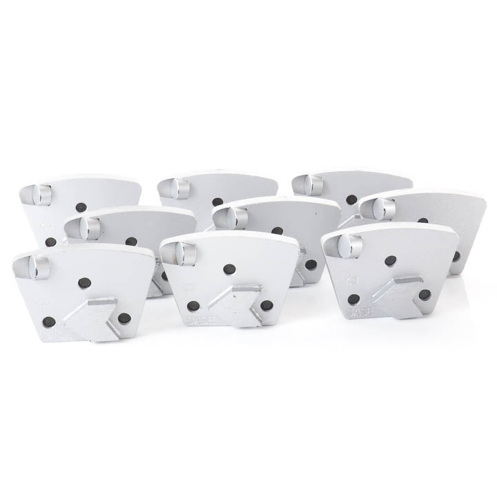 Complete set of 9 SASE Wulf Single Arrow 13mm PCD B-Side concrete floor grinding tooling plates arranged on a white background.