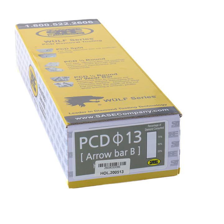 Yellow product packaging box for SASE Wulf Series PCD removal tooling, part number HOL.200513