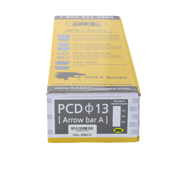 Yellow product packaging box for SASE Wulf Series PCD removal tooling, part number HOL.200512