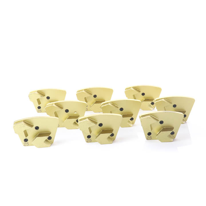 Complete set of 9 SASE Double Arrow 25VS Gold Series concrete floor grinding tooling plates arranged on a white background.