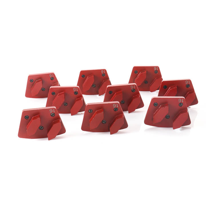 Complete set of 9 SASE Double Segment 16M Red Series concrete floor grinding tooling plates arranged on a white background.
