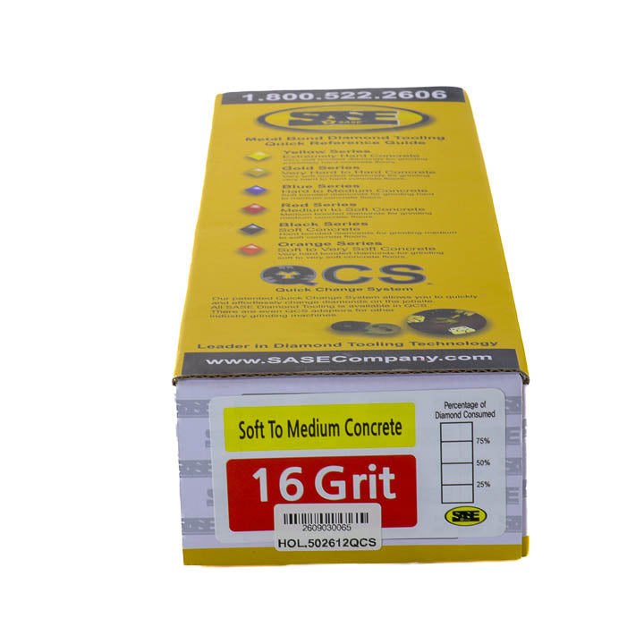 Yellow product packaging box for SASE Red Series diamond tooling, 16 grit, part number HOL.502612QCS.