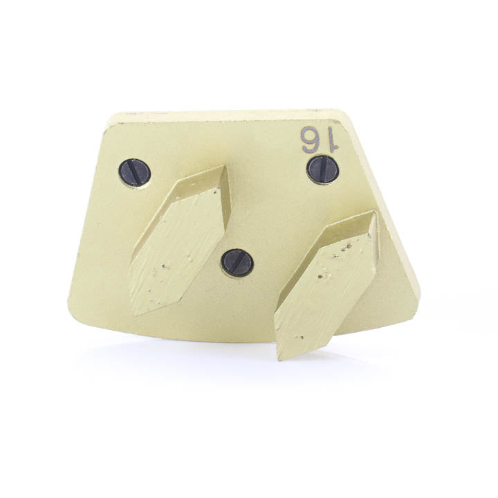 Close-up view of the SASE yellow metal bond diamond tooling showing the dual double arrow segments.