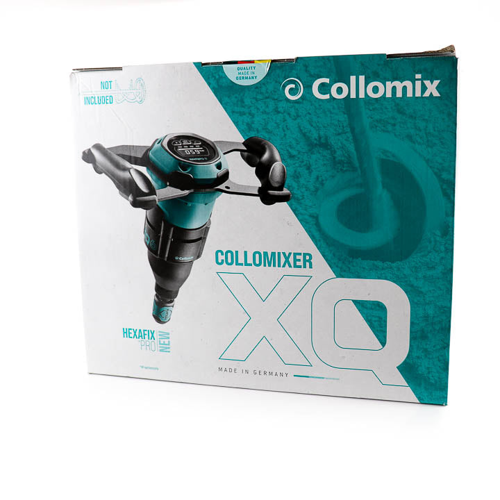 Promotional product packaging box for the Collomixer XQ1 displaying the mixer and brand graphics.
