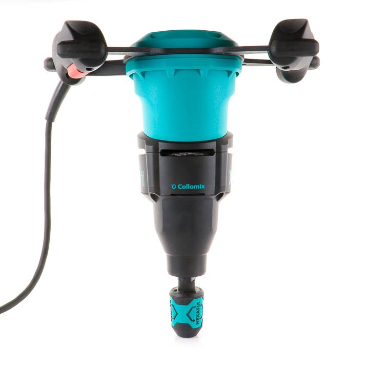 Front-facing full product shot of the Collomixer XQ1 Single Speed Mixer showing its teal housing, dual ergonomic handles, and mixing shaft.