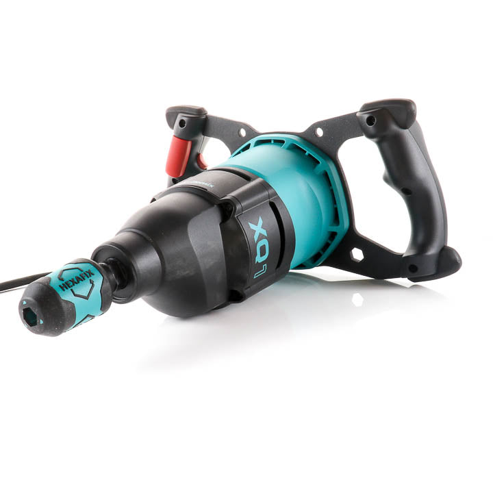Low-angle action-style view of the Collomixer XQ1 showcasing its motor housing and protective corner bumpers.