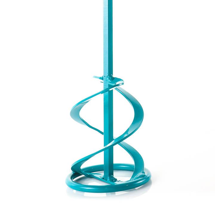 Close-up product shot of the teal Collomix WK 120 Mixing Paddle spiral head, highlighting its dual-helix design.
