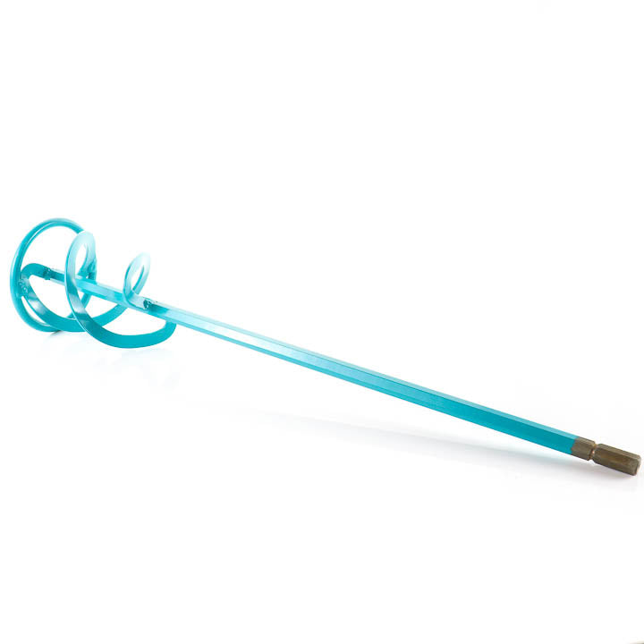 Full-length view of the teal Collomix WK 120 Mixing Paddle showing its complete shaft and HEXAFIX connection end.