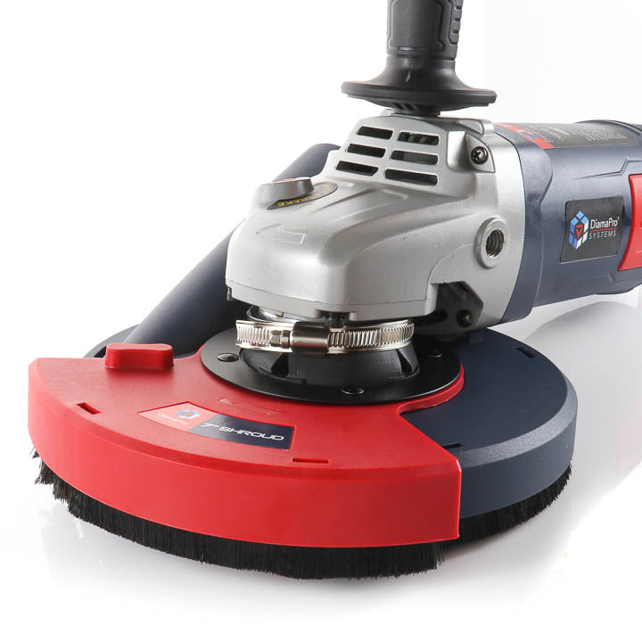 Front-facing studio shot of the DiamaPro Systems HGX-7 7-Inch Hand Grinder, highlighting its teal and black motor body, auxiliary loop handle, and dust shroud.