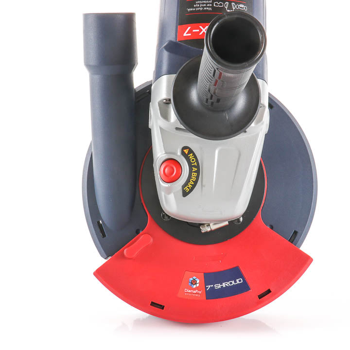 Close-up product view of the DiamaPro Systems HGX-7 grinder head and adjustable guard mechanism.