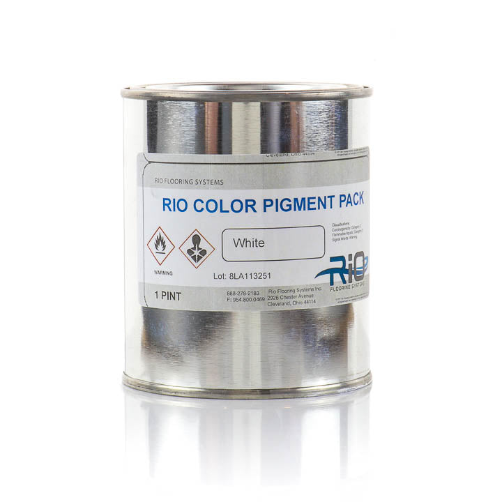 A 1-pint metal can of Rio Color Pigment Pack in White, featuring a blue and white product label with hazard symbols and the Rio Flooring Systems logo, shown against a plain white background.
