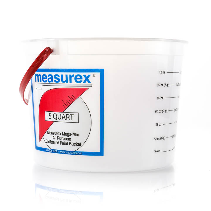 A white 5-quart calibrated measuring pail featuring the Measurex logo, blue and red branding text, and clear measurement markings on the side.