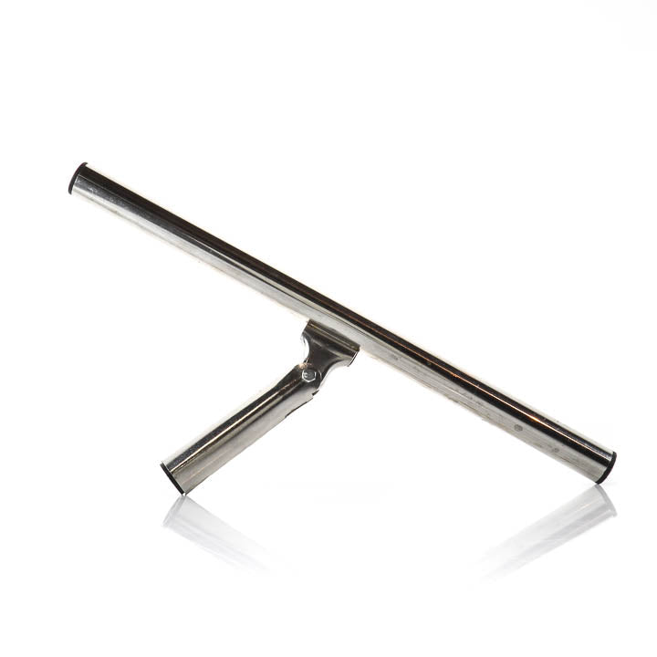 A chrome metal T-Bar floor coating frame and pivoting threaded handle without a roller cover, displayed on a white background.