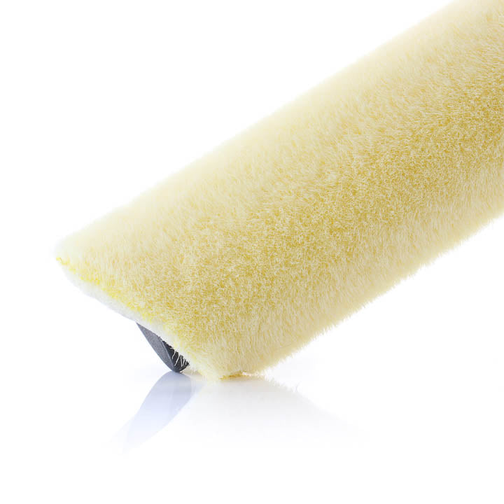 Close up of a single yellow textured foam replacement roller cover for an epoxy T-Bar applicator, isolated on a white background.