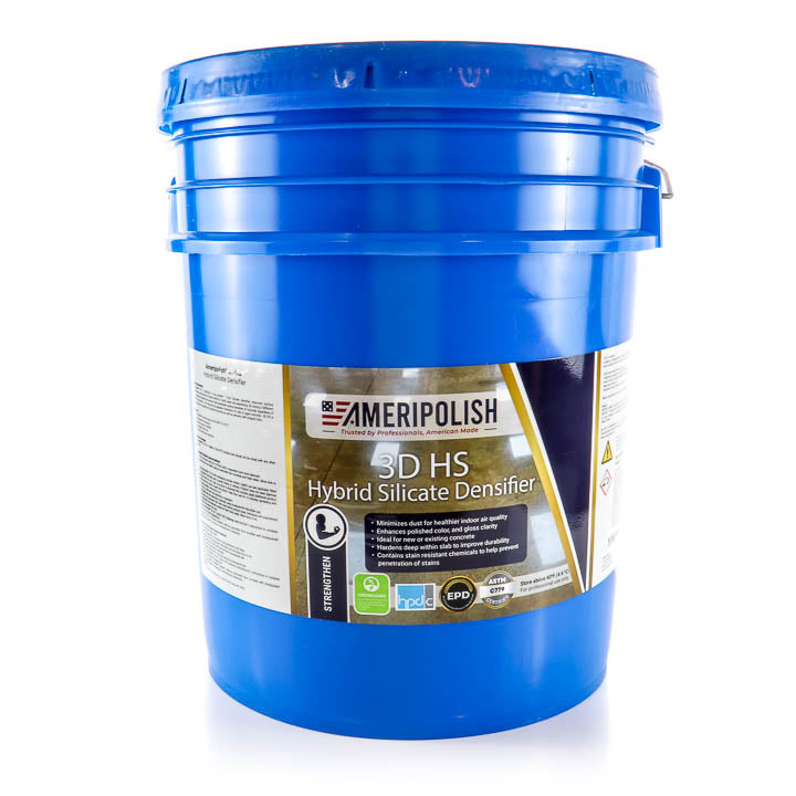 Ameripolish 3D HS Hybrid Silicate Densifier 5-gallon blue plastic pail with product label on a white background.