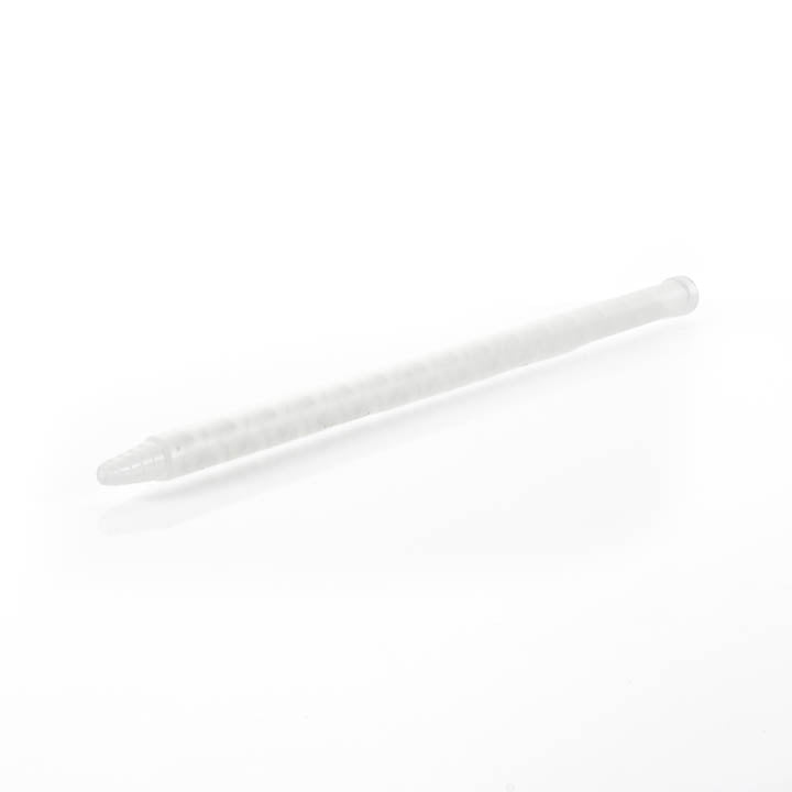 A transparent 14-inch static mixing nozzle featuring internal spiral elements and a tapered tip against a clean white background.