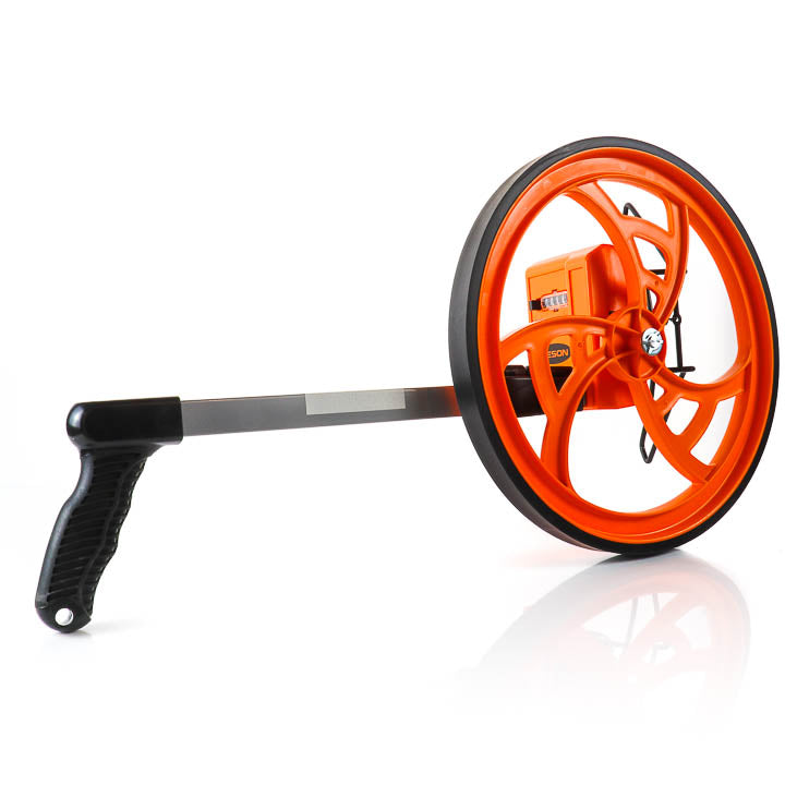 A contractor-grade measuring wheel with an orange wheel, black frame, and telescopic handle, against a clean white background.