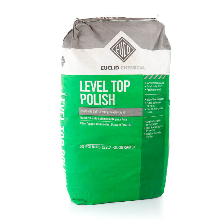 A 50-pound green and white paper bag of Euclid Level Top Polish resurfacing compound featuring brand and product logos against a clean white background.