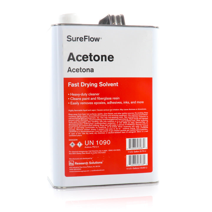 A 1-gallon metal can of SureFlow Acetone with a red hazard label, resting on a white background.