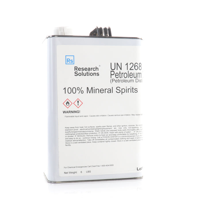A 1-gallon rectangular metal can of Research Solutions 100% Mineral Spirits featuring a warning label on a white background.