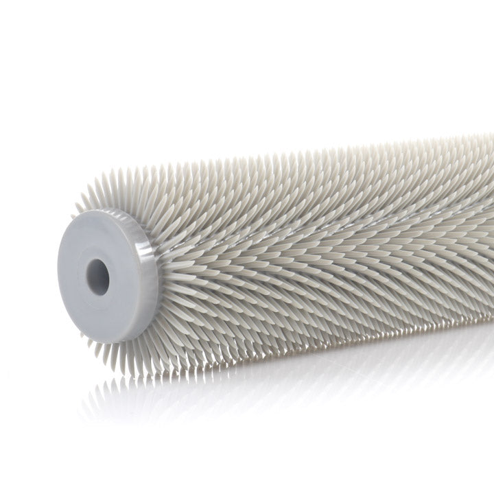 A side-angle close up view of the gray cylindrical Midwest Rake 18-inch spiked roller, featuring a dense pattern of 0.5-inch plastic spikes against a white background.
