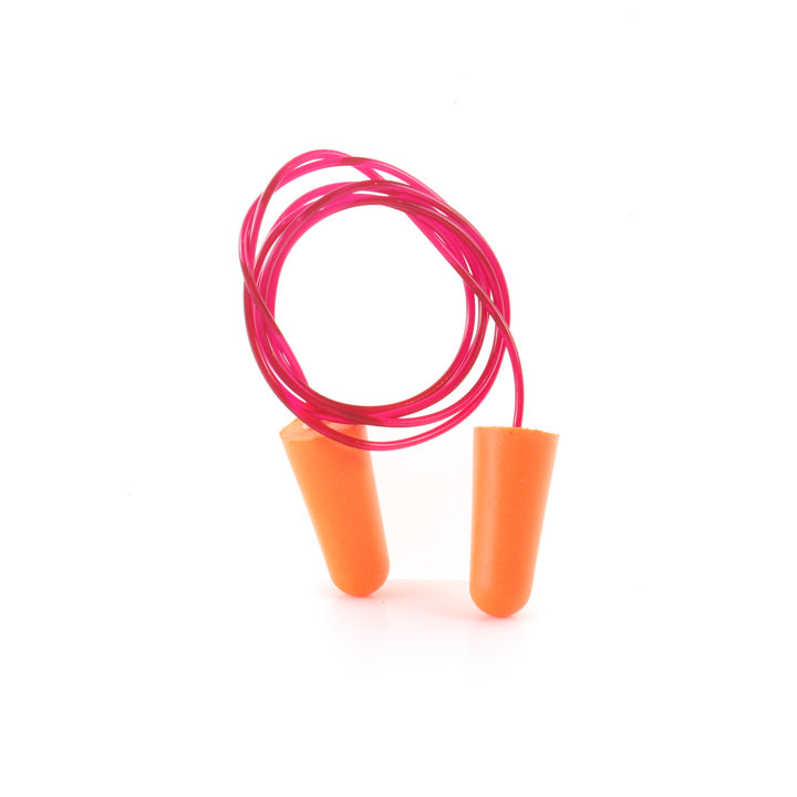 Orange foam earplugs connected by a bright red cord, shown against a clean white background.