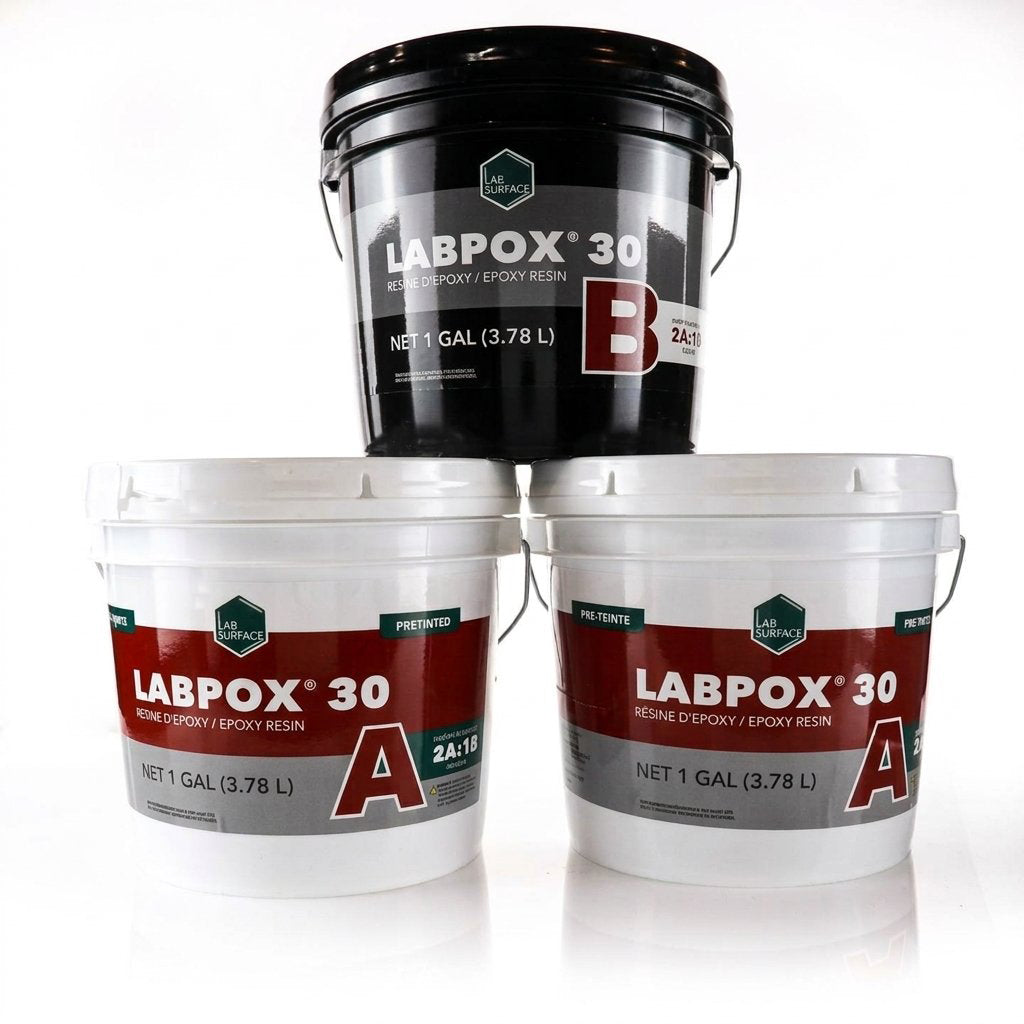 Three LABPOX 30 resin buckets stacked in a studio setup: one black bucket on top and two white buckets below, each with large red and gray labels and the LABPOX 30 branding.