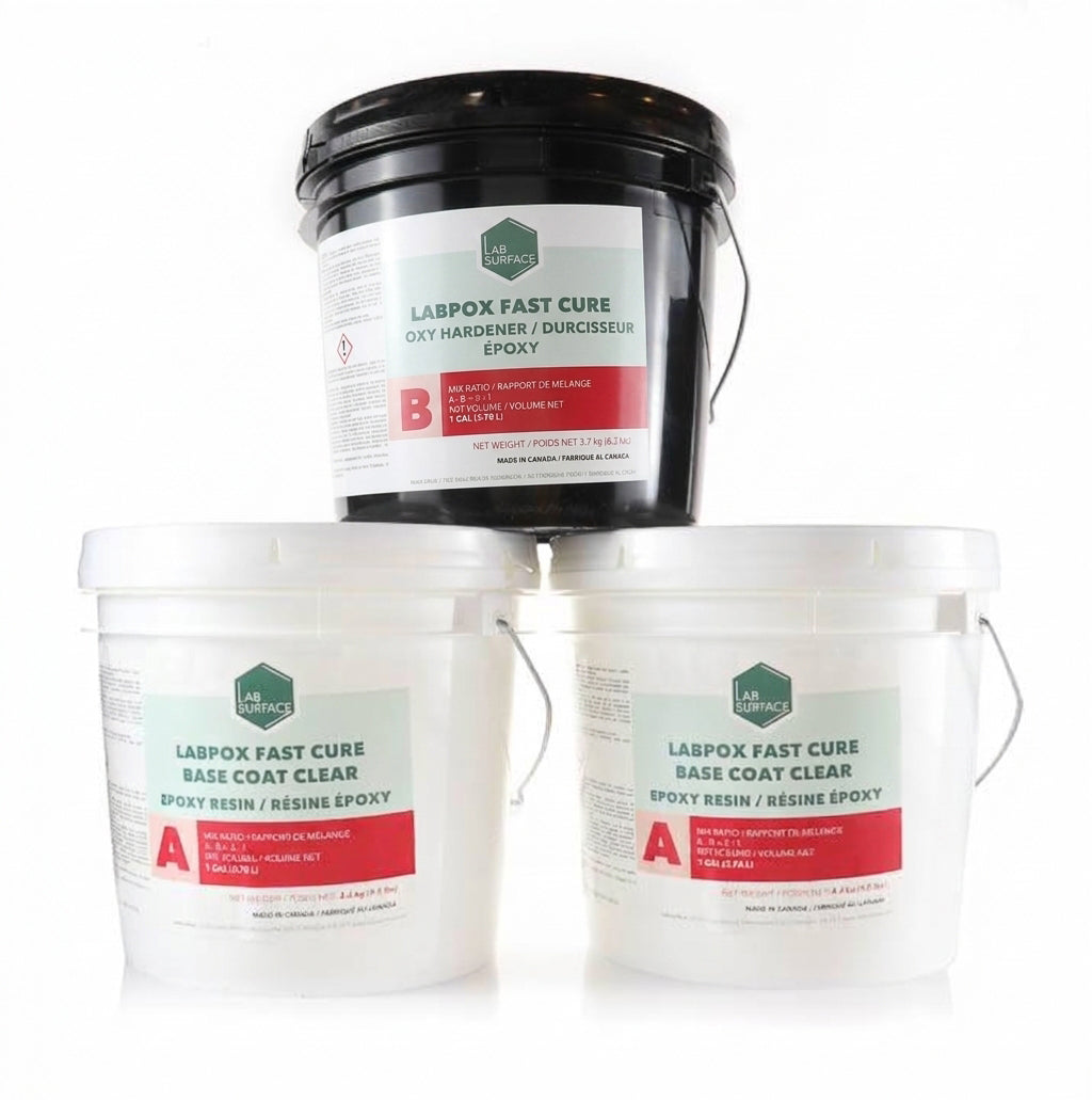 Three buckets of Labpoxy Fast Cure Epoxy Coating Kit components arranged on a white background, with one black bucket on top of two white buckets.