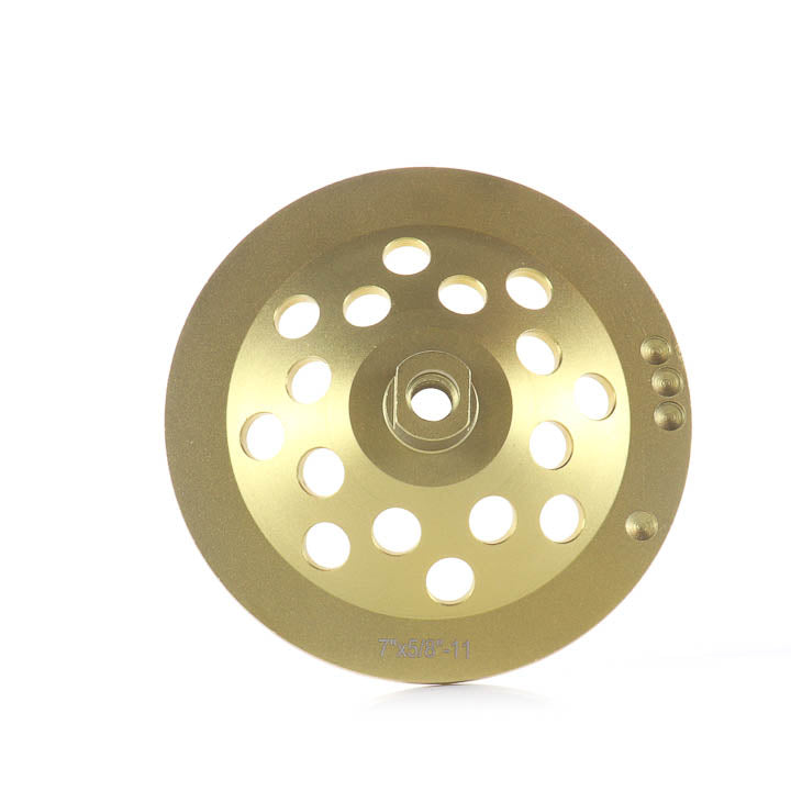 7-inch 24-segment PCD cup wheel showing the back and 5/8-11 threaded arbor details