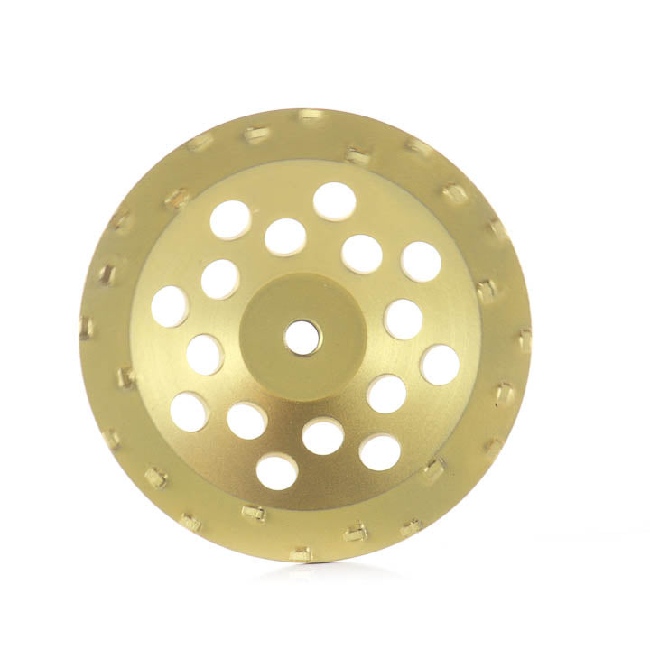 7-inch 24-segment PCD cup wheel showing the front face and polycrystalline diamond segments