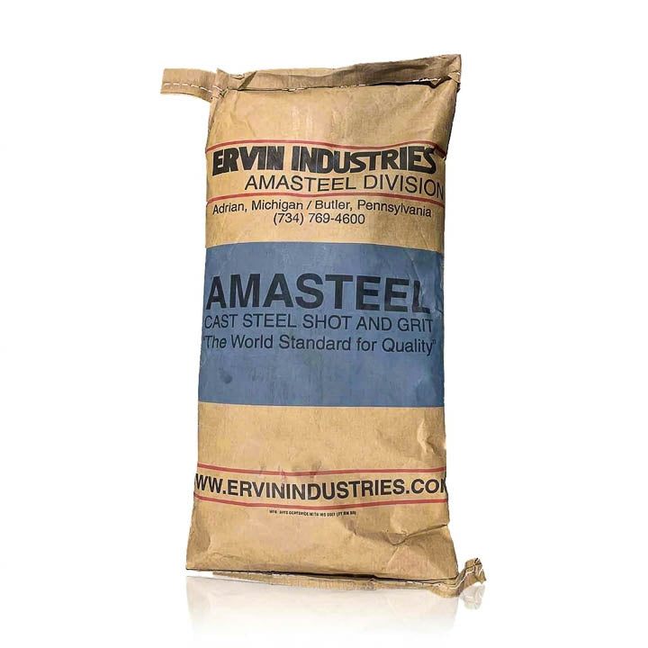 A brown paper bag of Amasteels Cast Steel Shot and Grind by Ervin Industries, featuring a blue and white central label, on a white background.