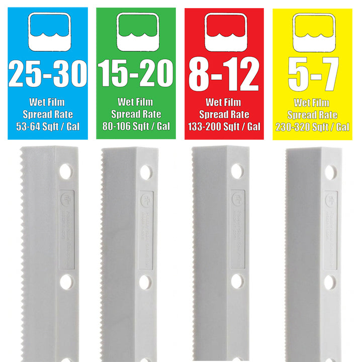 Seymour Midwest Rake Easy Squeegee replacement blades comparison chart displaying blue, green, red, and yellow notched blades with wet film thickness ranging from 5 to 30 mil and corresponding spread rates.