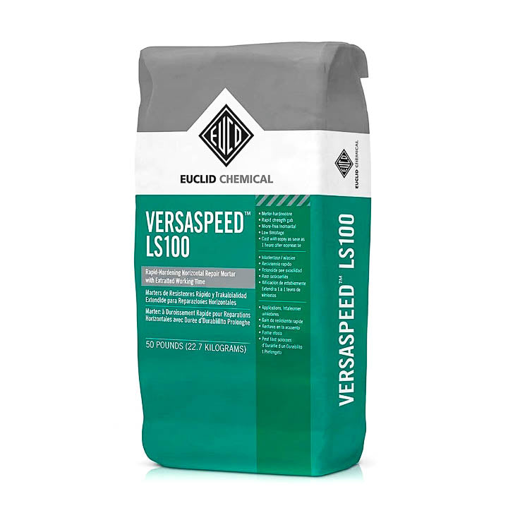 ront view of a 50 lb bag of Euclid Chemical VersaSpeed LS100 rapid hardening horizontal concrete repair mortar.
